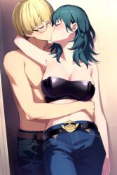 1girls ai_generated belt black_pants black_strapless byleth_(fire_emblem) byleth_(fire_emblem)_(female) fire_emblem fire_emblem:_three_houses highres hug_from_behind ignatz_victor kissing latex nai_diffusion nintendo stable_diffusion strapless strapless_bra rating:Explicit score:21 user:Makoto11037