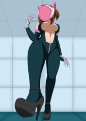 bodysuit brainwashing cleavage corruption drone elbow_gloves female helmet high_heels midriff mind_control my_hero_academia ochako_uraraka ochako_uraraka_(hero_outfit) personality_change smilingdog tech_control thick_thighs transformation wide_hips rating:Explicit score:78 user:meriko