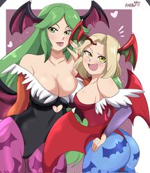 2girls ass bare_shoulders blonde_hair blush breasts bridal_gauntlets cleavage clothing cosplay darkstalkers from_behind green_eyes green_hair head_wings huge_ass karbuitt kid_icarus kid_icarus_uprising large_breasts leotard lilith_aensland_(cosplay) long_hair looking_at_viewer medium_breasts medium_hair morrigan_aensland_(cosplay) multiple_girls nintendo oerba_yun_fang open_mouth palutena pantyhose sideboob smile thong thong_leotard tongue tongue_out vampire_(game) viridi wings yellow_eyes rating:Questionable score:53 user:lukas23