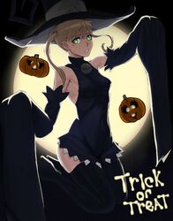 1girls blonde_hair full_moon green_hair happy_halloween irritated looking_at_viewer maka_albarn mobi_mobi nervous nervous_sweat pumpkin small_breasts soul_eater thick_thighs thighhighs twintails wide_hips witch_costume witch_hat rating:Questionable score:85 user:Shortstack69