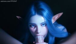  ahe_gao ai_generated blue_eyes blue_hair cum elf female long_hair looking_at_viewer nai_diffusion oral oral_creampie original original_character partial_male pujopg realistic  rating:explicit score: user:pujopg