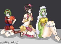 3girls arms_behind_back bare_legs barefoot bondage bound breasts brown_eyes brown_hair cleavage dancer earrings female female_only femsub fingerless_gloves fire_emblem fire_emblem:_thracia_776 gag gloves green_eyes green_hair inner_sideboob kneeling lara_(fire_emblem) large_breasts legs long_hair medium_breasts medium_hair milla_arts multiple_girls multiple_subs nintendo nun pelvic_curtain ponytail restrained rope_bondage safy_(fire_emblem) sideboob sitting tina_(fire_emblem) very_long_hair rating:Questionable score:3 user:kris923