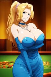 1girls ai_generated alternate_costume alternate_hairstyle arm_gloves arm_under_breasts armwear artist_name artkoikoi big_breasts bleach blonde_hair blue_dress blue_eyes breasts casino casino_card_table choker cleavage collar commentary curvaceous curves curvy curvy_body curvy_female curvy_figure dress facing_viewer fancy fancy_clothing female female_focus formal formal_clothes front_view gloves hourglass_figure huge_breasts jewelry koikoi large_breasts light-skinned_female light_skin long_gloves long_hair matsumoto_rangiku nai_diffusion necklace no_bra no_bra_under_clothes oppai poker_table ponytail revealing_clothes solo stable_diffusion strapless strapless_dress text tied_hair url very_long_hair voluptuous voluptuous_female watermark wavy_hair web_address wide_hips rating:Questionable score:75 user:Leidenfrost