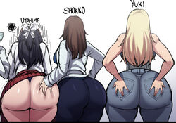 3girls ass_focus ass_grab big_ass black_hair blackwhiplash blonde_hair brown_hair bwl embarrassed_female fat_ass groping_ass jeans jujutsu_kaisen shoko_ieiri skirt_lift ui_ui_(jujutsu_kaisen) utahime_iori yuki_tsukumo rating:Explicit score:650 user:SpidermonkiE