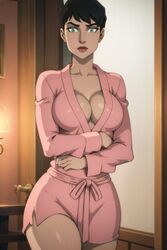 ai_generated bathrobe batman:_hush batman_(series) big_breasts breasts catwoman catwoman_(dcamu) cleavage dc_comics dcamu dcuaom fantasyai female female_only pink_robe robe selina_kyle short_hair rating:Explicit score:100 user:Slideintoash