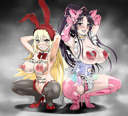 2girls akizora animal_ears apron armpit_hair arms_behind_back arms_behind_head blonde_hair blush body_writing bow_tie breasts collar color_edit colored condom condom_belt fake_animal_ears female female_armpit_hair femsub hair_ornament hairy_armpits hairy_pussy high_heels huge_breasts huge_nipples kanzaki_kaori lactation lipstick long_hair looking_at_viewer nipples pasties pig_ears pubic_hair purple_eyes purple_hair red_pasties shokuhou_misaki smile solarismaximumcat stockings submissive_female thighhighs to_aru_kagaku_no_mental_out to_aru_kagaku_no_railgun to_aru_majutsu_no_index used_condom utter_domination white_gloves yellow_eyes rating:Explicit score:114 user:fede102