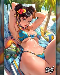 1girls abs asian asian_female athletic_female big_breasts bikini breasts capcom chun-li female female_only fully_clothed lying lying_on_back on_back reiq solo street_fighter swimsuit thick_thighs udon_entertainment rating:Explicit score:299 user:Crcole331