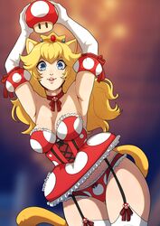 1girls arm_gloves arms_up blonde_hair blue_eyes blurry_background cat_ears cat_tail catgirl crown dress female female_only garter_straps heart-shaped_pupils highres kinkymation long_hair looking_at_viewer mario_(series) mushroom nintendo panties power_up princess_peach smiling smiling_at_viewer solo stockings super_mario_bros. super_mushroom tail white_stockings rating:Questionable score:41 user:BlueVertig0