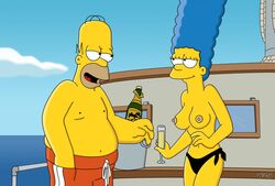 blue_hair breasts clothes color day female hair homer_simpson human male marge_simpson nipples outdoors smile tagme the_simpsons topless wvs yellow_skin rating:Questionable score:13 user:bot