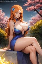 1girls ai_assisted ai_generated bare_arms bare_legs bare_shoulders bleach bleach:_the_thousand-year_blood_war blue_dress brown_eyes cherry_blossoms cleavage crossed_legs curvy deep_cleavage detached_collar dress erotic_nansensu hair_ornament hand_on_breast hi_res huge_breasts inoue_orihime large_breasts long_hair looking_at_viewer nature orange_hair parted_bangs parted_lips sideboob sitting smile stable_diffusion straight_hair thick_thighs rating:Questionable score:183 user:donkeyskin