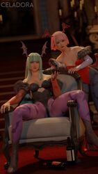 2girls 3d athletic athletic_female bare_shoulders blue_eyes brown_eyes busty celadora clothing cosplay darkstalkers emilie_de_rochefort female female_only green_hair hourglass_figure lilith_aensland_(cosplay) ling_xiaoyu long_hair morrigan_aensland_(cosplay) pantyhose pink_hair short_hair sitting small_breasts succubus succubus_horns tagme tekken wide_hips rating:Explicit score:34 user:droid377