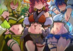 3girls :3 belly blue_hair female female_focus green_hair hare_the_sword_mikanko hu-li_the_jewel_mikanko lewdamone nini_the_mirror_mikanko pale-skinned_female pale_skin red_hair tummy yu-gi-oh! rating:Explicit score:116 user:Zabior