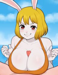 1boy 1girls afrobull anthro big_breasts blonde blonde_female blonde_hair blush boobjob breasts breasts_pressed_together carrot_(one_piece) cleavage furry human human_on_anthro kemonomimi large_breasts looking_at_viewer one_piece paizuri paizuri_led_by_female paizuri_under_clothes pale-skinned_female pale_skin penis pov pov_eye_contact rabbit rabbit_ears rabbit_girl rabbit_humanoid red_pupils sex smile smiling titjob variant white_fur rating:Explicit score:500 user:Zabior