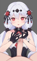 1boy bare_shoulders black_dress black_gloves blush breasts censored collarbone commentary_request commission cum cum_in_glove cum_on_hands cum_on_penis cum_on_self dress female flower glansjob gloved_handjob gloves grey_background hair_between_eyes hair_flower hair_ornament highres honkai_(series) honkai_impact_3rd long_hair luna_(honkai_impact) mosaic_censoring open_mouth penis_in_glove pixiv_commission pov pov_crotch red_eyes simple_background small_breasts straight straight-on strapless strapless_dress tama_(tamatamo) theresa_apocalypse theresa_apocalypse_(luna_kindred) twintails white_hair young rating:Explicit score:84 user:bot