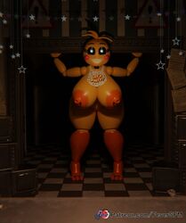 2023 3_toes 3d 3d_(artwork) animatronic anthro areola avian beakless bib big_breasts bird blush blush_stickers breasts checkered_floor chicken digital_media_(artwork) eyebrows eyelashes feet female feversfm five_nights_at_freddy's five_nights_at_freddy's_2 galliform gallus_(genus) genitals hi_res lovetaste_chica machine nipples orange_areola orange_body orange_nipples phasianid pussy robot scottgames solo toes toy_chica_(fnaf) toy_chica_(love_taste) rating:Explicit score:85 user:bot