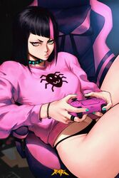 absurdres aqua_nails black_hair black_panties blue_eyes bracelet breasts capcom casual chair collar commentary controller diagonal_bangs dualsense english_commentary feet_out_of_frame female fingernails game_controller gamepad gaming_chair hair_down heterochromia highres holding holding_controller holding_game_controller jewelry juri_han lips long_hair medium_breasts multicolored_hair nail_polish no_pants panties pink_eyes pink_hair pink_sweater playing_games playstation playstation_5 playstation_controller pout reclining ring short_eyebrows sitting solo spiked_collar spikes spunkyramaz straight_hair streaked_hair street_fighter street_fighter_6 sweater swivel_chair thick_thighs thighs thong two-tone_hair underwear wireless rating:Explicit score:123 user:Crcole331