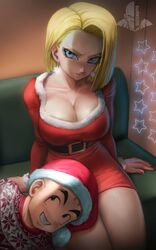 1boy 1girls android_18 big_breasts blue_eyes breasts christmas cleavage dragon_ball dragon_ball_super dragon_ball_z earrings elitenappa krillin kuririn santa_hat short_hair thick_thighs thighs rating:Explicit score:56 user:TwistyTurnip