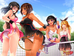 4girls accurate_art_style aiko_yumi black_hair blonde_hair breasts brown_eyes brown_hair dark_skin female female_only huniepop kyanna_delrio latina lola_rembrite multiple_females panties panty_shot purple_eyes slave_handles sport tennis tiffany_maye rating:Questionable score:133 user:0phelia