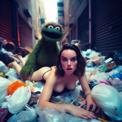 1girls ai_generated brown_hair celebrity daisy_ridley dall-e3 doggy_style garbage garbage_bags implied_sex muppets naked naked_female nude oscar_the_grouch prone_bone puppet real_person sesame_street sex stable_diffusion tagme the_muppet_show trash trash_bag rating:Explicit score:52 user:Carl_Wheezer