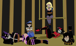 batman_(series) bennypaan black_canary bondage cassandra_cain dc dc_comics gag gagged group harley_quinn harley_quinn_(classic) huntress_(dc) orphan_(dc) renee_montoya restrained rope_bondage rating:Explicit score:15 user:CyanMoon