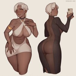 1futa 1girls 2d amber_eyes ass asura_(artist) big_ass big_breasts breasts choker clothed clothing dark-skinned_futanari dark_skin dress eyes_visible_through_hair futa_only futanari gold_lipstick gray_hair grey_hair hi_res holding_phone human jewelry kali_(asura) large_breasts looking_at_viewer nude_underneath original partially_clothed phone see-through see-through_clothing see-through_dress selfie short_hair skimpy skimpy_clothes smooth_skin solid_color_background solo solo_futa standing thick_thighs white_background white_hair wide_hips rating:Explicit score:735 user:BlueVertig0