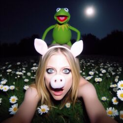 1girls ai_generated avril_lavigne blonde_hair celebrity dall-e3 doggy_style field flower_field flowers implied_sex kermit_the_frog lying_on_ground muppets outside pig pig_ears pig_girl pig_nose puppet real_person sesame_street tagme the_muppet_show rating:Explicit score:37 user:Carl_Wheezer