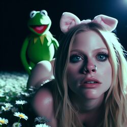 1girls ai_generated avril_lavigne blonde_hair blue_eyes celebrity dall-e3 doggy_style field flower_field flowers implied_sex kermit_the_frog lying_on_ground muppets outside piercing pig pig_ears pig_girl pig_nose puppet real_person sesame_street tagme the_muppet_show rating:Explicit score:59 user:Carl_Wheezer