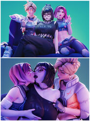 2koma 3d 3girls alternate_costume antifragile_dazzle antifragile_traysi big_breasts black_choker black_lipstick blizzard_entertainment breast_grab breasts brown_hair choker clothed clothed_female crop_top crossed_legs d.va edit eyeshadow female female/female/female female_only fff_threesome fugtrup girl_sandwich glasses goth goth_girl gothic hana_song highres hoop_earrings huge_breasts kissing le_sserafim lena_oxton lesbian_kiss makeup mei_(overwatch) midriff mole mole_above_mouth multiple_girls nose_piercing nose_stud official_alternate_costume orange-tinted_eyewear overwatch overwatch_2 pants petite petite_female piercing plump small_breasts stitched sunglasses take_your_pick tinted_eyewear tracer whisker_markings yuri rating:Questionable score:900 user:kikimaru024