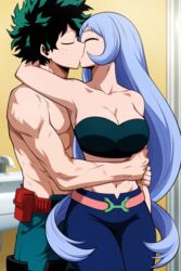 ai_generated bare_shoulders belt big_breasts boku_no_hero_academia hand_on_another's_head hero_outfit_(mha) high_quality highres hug_from_behind izuku_midoriya jeans kissing long_hair midriff muscular_male my_hero_academia nai_diffusion nejire_hado scar stable_diffusion strapless topless_male wholesome rating:Questionable score:135 user:Makoto11037