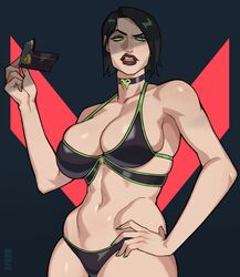 1girls 2023 bikini breast_squish female female_only fit fit_female green_eyes hand_on_hip looking_at_viewer narrowed_eyes riot_games shaded solo valorant very_high_resolution viper_(valorant) zpark rating:Questionable score:153 user:BlueVertig0