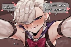 2boys aether_(genshin_impact) armpits blush bow boy_on_top btms btms666 english_text femboy genshin_impact horny katze lyney_(genshin_impact) naughty_face smile speech_bubble sweat teardrop twink rating:Questionable score:96 user:Monalicious