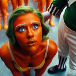 ai_generated blue_eyes dall-e3 glasgow_willy_wonka_experience green_hair oompa_loompa oompa_loompette orange_skin scarlett_johansson willy_wonka_and_the_chocolate_factory rating:Explicit score:20 user:Carl_Wheezer