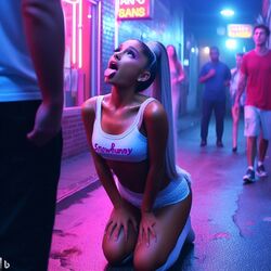 ai_generated alley ariana_grande dall-e3 knee_socks kneehighs on_her_knees on_knees public snowbunny sticking_out_tongue rating:Explicit score:357 user:Carl_Wheezer