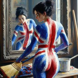 1girls ai_generated ass bodypaint british_flag brown_hair dall-e3 female female_only human human_only light-skinned_female light_skin mirror naked naked_female nude nude_female rating:Explicit score:34 user:Carl_Wheezer