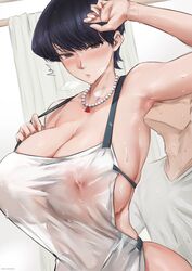 1boy 1girls apron armpit_fetish armpit_licking black_hair breasts female hi_res huge_breasts komi-san_wa_komyushou_desu komi_shuuko light-skinned_female light_skin male mature_female milf mother naughty_face nipples see-through see-through_clothing short_hair zon-leesean rating:Explicit score:132 user:Aeolus_HX