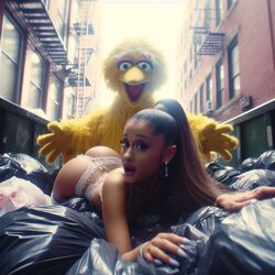 1girls ai_generated alley arched_back ariana_grande ass big_bird brown_hair celebrity dall-e3 day earrings garbage garbage_bags garbage_bin laying_down laying_on_stomach lingerie lips long_hair looking_at_viewer makeup muppets open_mouth panties pink_lips ponytail real_person sesame_street shocked shocked_expression shocked_eyes tagme the_muppet_show trash trash_bag trash_can white_lingerie yellow_fur rating:Explicit score:75 user:thefirefive