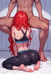  2boys ai_generated bulge bulge_through_clothing feet femboy implied_oral implied_sex male noredeemingvalue red_hair sports_bra workout_clothes yoga_pants  rating:explicit score: user:analonlyboy