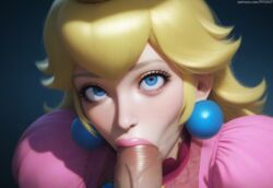  :>= ai_generated bangs blonde_hair blue_eyes earrings fellatio large_penis long_hair looking_at_viewer mario_(series) nai_diffusion pink_dress princess_peach pujopg realistic torogao  rating:explicit score: user:pujopg