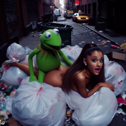 1girls ai_generated alley ariana_grande ass brown_hair car celebrity dall-e3 garbage garbage_bags garbage_bin implied_sex kermit_the_frog laying_down laying_on_stomach looking_at_viewer muppets real_person sesame_street shocked shocked_expression shocked_eyes tagme taxi the_muppet_show trash trash_bag trash_can rating:Explicit score:176 user:thefirefive