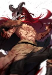 abs ain(in) ambush_(trap) barbarian blood femboy goes_hard in_(ain) laughing long_hair mask pelt red_eyes red_hair scar sharp_teeth skull skull_mask rating:Explicit score:38 user:ThiccRoboi