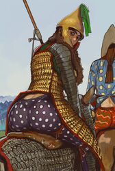 2girls armor ass big_ass brown_eyes brown_hair cataphract clothed curly_hair exposed_back female female_only female_warrior fully_clothed helmet horse horse_armor horseback horseback_riding lamellar_armor long_hair looking_back manica_(armor) mossa pattern_bottomwear pattern_clothing phrygian_cap phrygian_helmet plate_armor plume scale_armor scythia scythian rating:Questionable score:120 user:stfu_yiik2