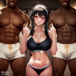 1girls 2boys ai_generated big_breasts black_hair blacked blacked_clothing cheating cheating_wife dark-skinned_male double_middle_finger flipping_off flipping_the_bird flipping_viewer_off imminent_sex interracial light-skinned_female middle_finger muscular_male netorare ntr pale-skinned_female red_eyes samsara_ai smile smiling spy_x_family uncanny_valley yor_briar yor_forger rating:Questionable score:184 user:markivus