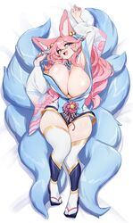 ahri big_breasts blue_eyes blue_tail female female_focus female_only fox fox_ears fox_girl fox_humanoid fox_tail hair hair_ornament huge_breasts japanese_clothes japanese_clothing japanese_sandals kemonomimi kimono kitsune league_of_legends league_of_legends:_wild_rift looking_happy lying_down lying_on_back lying_on_bed pink_hair ribbon riot_games spirit_blossom_ahri spirit_blossom_series thick_thighs thighhighs yabby rating:Questionable score:197 user:Make_Me_Your_Slut