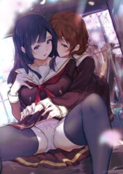 2girls all_fours behind_another black_hair black_legwear blurry breasts brown_eyes brown_hair cherry_blossoms clothes_lift depth_of_field falling_petals hibike!_euphonium highres hug hug_from_behind kitauji_high_school_uniform kousaka_reina kuziaaizuk long_hair long_sleeves looking_at_another looking_back medium_breasts medium_hair multiple_girls neckerchief oumae_kumiko panties pantyshot parted_lips petals purple_eyes red_neckerchief sailor_collar school_uniform serafuku signature sitting skirt skirt_lift spread_legs straight_hair thighhighs underwear wavy_hair white_panties yuri rating:Questionable score:29 user:Undeadpool