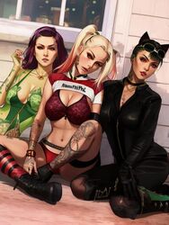 ai_generated batman_(series) catwoman dc dc_comics gotham_city_sirens harley_quinn poison_ivy stockings rating:Questionable score:30 user:UseMeDaddy69