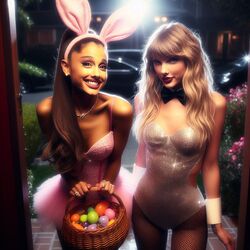 2girls ai_generated ariana_grande bent_over blonde_hair breasts brown_hair bunny_ears bunny_girl bunny_tail bunnysuit celebrity clothing collarbone dall-e3 doorway easter_egg eyelashes eyeshadow fake_animal_ears female female_only grin hairband halloween happy legwear leotard lips long_hair looking_at_viewer makeup multiple_girls necklace night outdoors parted_lips pink_dress pink_lips ponytail pov realistic smile smiling smiling_at_viewer standing straight_hair tan-skinned_female tan_skin taylor_swift trick_or_treat wavy_hair rating:Explicit score:259 user:hnhentai