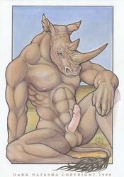 1990s 1998 1boy 20th_century abs anthro brown_skin dark_natasha day erection front_view hand_on_leg horn humanoid_penis long_ears male male_only mammal muscles navel nipples nude open_eyes outdoors penis pink_nipples pinup purple_eyes rhinoceros scalie sitting sky solo spread_legs tail tail_tuft tan_skin testicles text uncensored white_border rating:Explicit score:9 user:bot