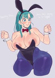 1girls areolae big_breasts blue_eyes blue_hair blue_pantyhose blush breasts bulma bulma_(bunny) bulma_(dragon_ball) bulma_briefs bunny_ears bunnysuit detached_collar dialogue doujinpearl dragon_ball dragon_ball_(classic) english_text female female_only green_hair hi_res huge_breasts long_hair neck_ribbon pantyhose simple_background solo teenage_bulma teenage_girl teenager text thick_thighs tight_clothing wrist_cuffs rating:Explicit score:104 user:BlueVertig0