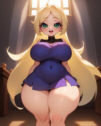 ai_generated big_breasts blonde_female blonde_hair blonde_hair breasts clothed clothing curvy dress green_eyes hourglass_figure looking_at_viewer navel_visible_through_clothes open_mouth purple_dress rocksolidart thick_thighs tight_clothing very_long_hair voluptuous_female wide_hips rating:Questionable score:29 user:Civilized_Worm