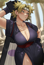 blonde_hair blush breasts cleavage curvy female female_focus female_only fingerless_gloves gloves green_eyes gud0c hand_fan hand_on_own_hip headband highres kimono large_breasts naruto naruto_(series) naruto_shippuden no_bra paper_fan short_hair solo temari thick_thighs thighs wide_hips rating:Questionable score:275 user:Yonedge